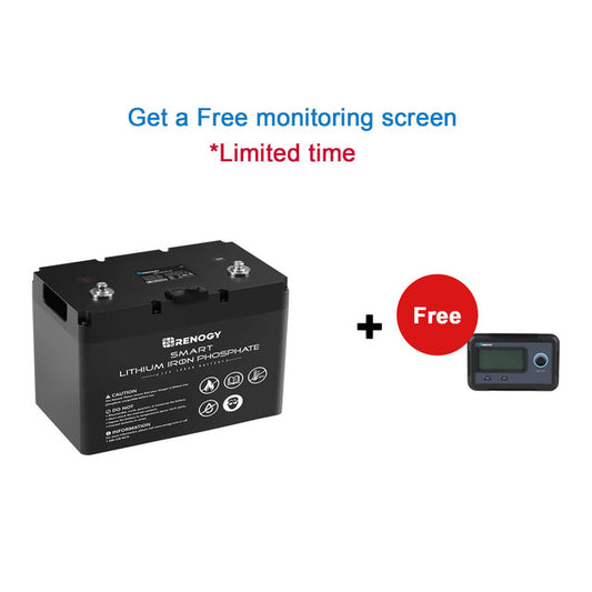 12V 100Ah Smart Lithium Iron Phosphate Battery and battery monitoring screen